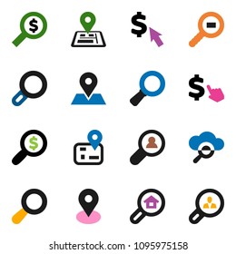 solid vector ixon set - magnifier vector, money search, dollar cursor, navigator, map pin, cargo, cloud glass, estate, client