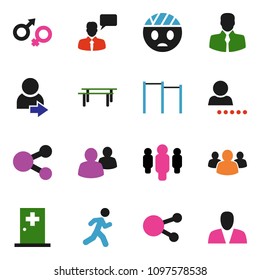 solid vector ixon set - man vector, horizontal bar, run, client, speaking, social media, group, gender sign, head bandage, medical room, share, login, consumer