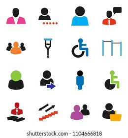 solid vector ixon set - man vector, horizontal bar, stairways run, client, speaking, group, disabled, crutches, user, login, consumer, customer