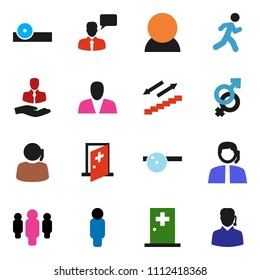 solid vector ixon set - man vector, stairways run, support, client, speaking, gender sign, eye doctor hat, medical room, consumer