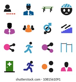 solid vector ixon set - manager vector, horizontal bar, stairways run, social media, group, gender sign, head bandage, medical room, doctor, share, login, consumer