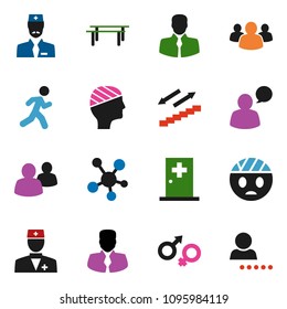 solid vector ixon set - manager vector, horizontal bar, stairways run, client, speaking man, social media, group, doctor, gender sign, head bandage, medical room, login