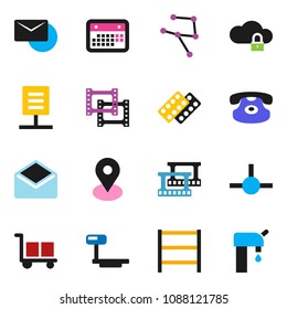 solid vector ixon set - map pin vector, calendar, cargo, big scales, shelving, film frame, classic phone, mail, pills blister, connect, network, cloud lock, document, water supply