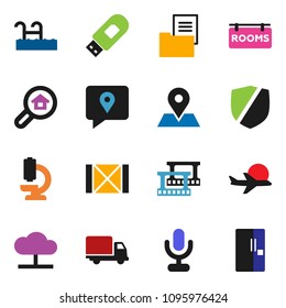 solid vector ixon set - map pin vector, plane, traking, delivery, wood box, protected, film frame, microphone, microscope, cloud network, usb modem, pool, estate document, rooms signboard, search