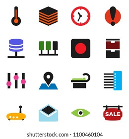 solid vector ixon set - map pin vector, attention, clock, settings, mail, rec button, thermometer, eye, tomography, server, network, big data, hub, router, sale signboard