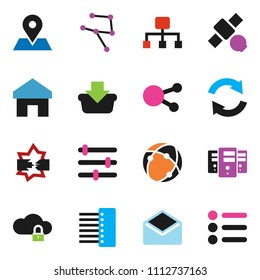 solid vector ixon set - map pin vector, satellite, social media, mail, connection, network, disconnection, cloud lock, server, equalizer, hub, home, refresh, hierarchy, basket, menu