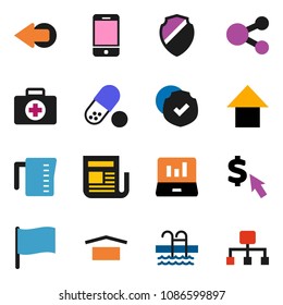 solid vector ixon set - measuring cup vector, flag, laptop graph, arrow up, dollar cursor, pills, pool, first aid kit, dry cargo, protected, newspaper, mobile phone, shield, share, hierarchy