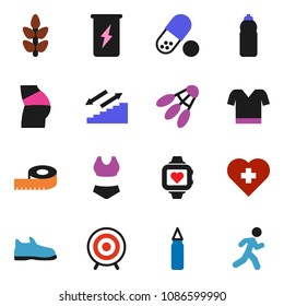 solid vector ixon set - measuring vector, punching bag, buttocks, snickers, swimsuite, t shirt, target, pills, enegry drink, heart monitor, water bottle, stairways run, cereals, shuttlecock, cross