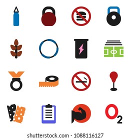 solid vector ixon set - measuring vector, stadium, clipboard, weight, punching bag, muscule hand, medal, enegry drink, cereals, breads, no smoking, fastfood, hoop, oxygen