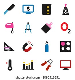 solid vector ixon set - measuring cup vector, knife, cutting board, mixer, oven, thermometer, corner ruler, drawing compass, magnet, monitor dollar, hand trainer, punching bag, oxygen, antenna