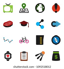solid vector ixon set - measuring cup vector, steak, graduate hat, compass, constellation, bike, molecule, heart monitor, shuttlecock, navigator, earth, attention, clipboard, arrow, tv, money bag