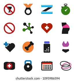 solid vector ixon set - measuring vector, stopwatch, pills vial, weight, buttocks, swimsuite, medal, molecule, calendar, prohibition sign, no alcohol, heart cross, first aid kit, bone, hoop