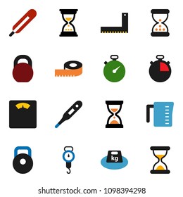 solid vector ixon set - measuring cup vector, scales, corner ruler, sand clock, stopwatch, weight, thermometer