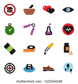 solid vector ixon set - measuring vector, heart pulse, stopwatch, pills vial, hand trainer, snickers, target, no fastfood, weight, flask, eye, dropper, patch, mortar, sperm