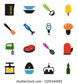 solid vector ixon set - measuring cup vector, scales, cook glove, timer, press, skimmer, spatula, ladle, mixer, blender, plates, cereal, mushroom, steak, cake, oil