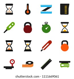 solid vector ixon set - measuring cup vector, ruler, sand clock, stopwatch, weight, big scales, thermometer, store