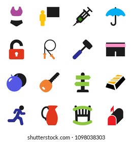 solid vector ixon set - meat hammer vector, jug, blackboard, gold ingot, jump rope, fitball, shorts, swimsuite, run, signpost, umbrella, syringe, key, unlock, crib, mailbox