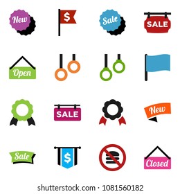 solid vector ixon set - medal vector, flag, dollar, no fastfood, gymnast rings, sale signboard, new, open, closed
