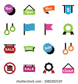 solid vector ixon set - medal vector, flag, dollar, no fastfood, gymnast rings, sale signboard, new, open, closed