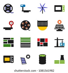 solid vector ixon set - microwave oven vector, sea container, consolidated cargo, oil barrel, big scales, film spool, solar panel, windmill, construction crane, factory