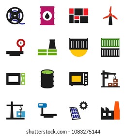 solid vector ixon set - microwave oven vector, sea container, consolidated cargo, oil barrel, big scales, film spool, solar panel, windmill, construction crane, factory