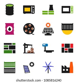solid vector ixon set - microwave oven vector, sea container, consolidated cargo, oil barrel, big scales, film spool, solar panel, windmill, construction crane, factory