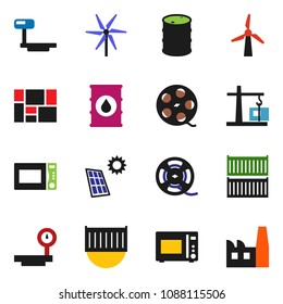 solid vector ixon set - microwave oven vector, sea container, consolidated cargo, oil barrel, big scales, film spool, solar panel, windmill, construction crane, factory