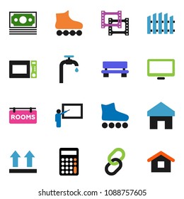 solid vector ixon set - microwave oven vector, blackboard, calculator, roller Skates, money, top sign, film frame, monitor, link, home, bench, water supply, fence, rooms signboard