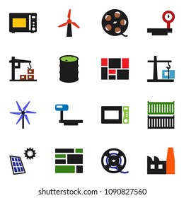 solid vector ixon set - microwave oven vector, sea container, consolidated cargo, oil barrel, big scales, film spool, solar panel, windmill, construction crane, factory