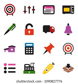 solid vector ixon set - microwave oven vector, pen, bell, target, calendar, settings, remote control, thumbtack, cottage, unlock, cashbox, calculator, delivery, menu, package