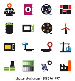 solid vector ixon set - microwave oven vector, sea container, consolidated cargo, oil barrel, big scales, film spool, solar panel, windmill, construction crane, factory