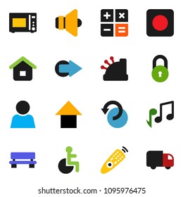 solid vector ixon set - microwave oven vector, music, arrow up, speaker, remote control, rec button, disabled, bench, undo, lock, user, cashbox, home, calculator, delivery