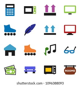 solid vector ixon set - microwave oven vector, pen, glasses, calculator, music, roller Skates, money, top sign, monitor, home, bench, rooms signboard