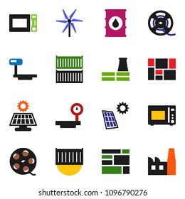 solid vector ixon set - microwave oven vector, sea container, consolidated cargo, oil barrel, big scales, film spool, solar panel, windmill, factory