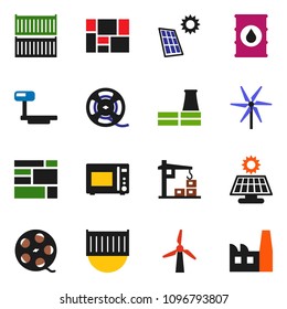 solid vector ixon set - microwave oven vector, sea container, consolidated cargo, oil barrel, big scales, film spool, solar panel, windmill, construction crane, factory