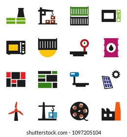 solid vector ixon set - microwave oven vector, sea container, consolidated cargo, oil barrel, big scales, film spool, solar panel, windmill, construction crane, factory