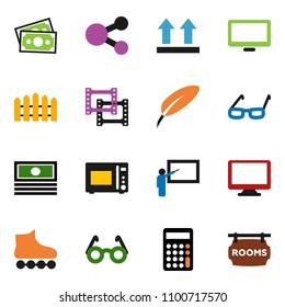 solid vector ixon set - microwave oven vector, pen, blackboard, glasses, cash, calculator, roller Skates, money, top sign, film frame, monitor, share, fence, rooms signboard