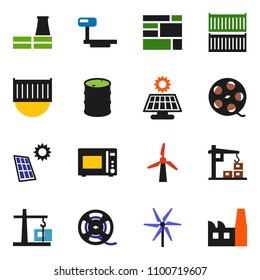 solid vector ixon set - microwave oven vector, sea container, consolidated cargo, oil barrel, big scales, film spool, solar panel, windmill, construction crane, factory
