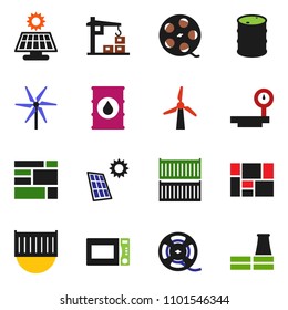 solid vector ixon set - microwave oven vector, sea container, consolidated cargo, oil barrel, big scales, film spool, solar panel, windmill, construction crane, factory