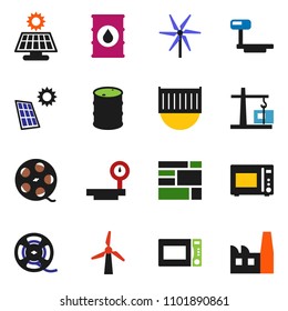 solid vector ixon set - microwave oven vector, sea container, consolidated cargo, oil barrel, big scales, film spool, solar panel, windmill, construction crane, factory