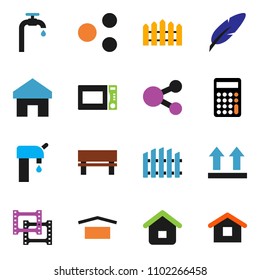 solid vector ixon set - microwave oven vector, pen, calculator, dry cargo, top sign, film frame, share, home, bench, water supply, fence