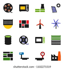 solid vector ixon set - microwave oven vector, sea container, consolidated cargo, oil barrel, big scales, film spool, solar panel, windmill, factory