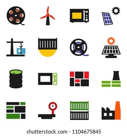 solid vector ixon set - microwave oven vector, sea container, consolidated cargo, oil barrel, big scales, film spool, solar panel, windmill, construction crane, factory