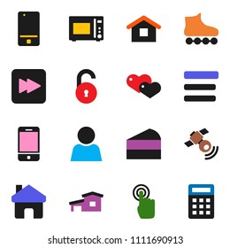 solid vector ixon set - microwave oven vector, cake, roller Skates, satellitie, mobile phone, touchscreen, heart, forward button, menu, home, unlock, user, cottage, calculator
