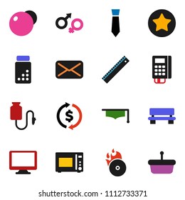 solid vector ixon set - microwave oven vector, graduate hat, ruler, exchange, tie, pills vial, fitball, music hit, monitor, favorites, mail, gender sign, drop counter, bench, card reader, basket