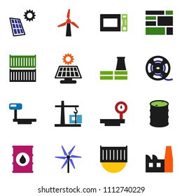 solid vector ixon set - microwave oven vector, sea container, consolidated cargo, oil barrel, big scales, film spool, solar panel, windmill, construction crane, factory