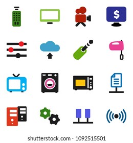 solid vector ixon set - mixer vector, microwave oven, monitor dollar, tv, video camera, remote control, jack, server, gear, equalizer, cloud upload, network document, washer, wireless