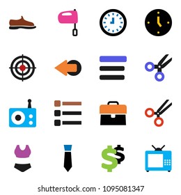 solid vector ixon set - mixer vector, scissors, case, clock, tie, dollar sign, snickers, swimsuite, target, radio, menu, arrow, tv