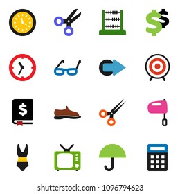 solid vector ixon set - mixer vector, glasses, scissors, abacus, annual report, dollar sign, snickers, swimsuite, target, clock, umbrella, tv, arrow, calculator