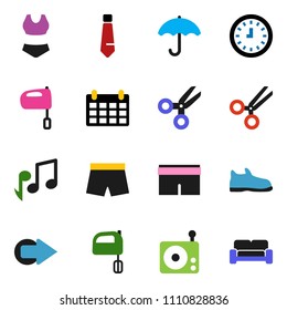 solid vector ixon set - mixer vector, scissors, music, clock, tie, calendar, snickers, shorts, swimsuite, umbrella, radio, arrow, cushioned furniture